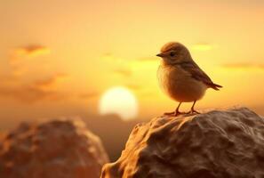 ai generado linda minúsculo pájaro en pie en el rock a el final de puesta de sol pájaro foto
