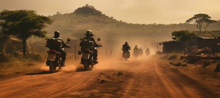 AI generated four motorcycles on a dirt road photo