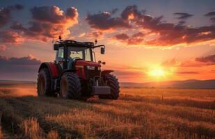 ai generado un tractor conducción mediante un campo a puesta de sol foto