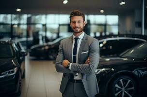 ai generado contento coche comerciante en pie en un sala de exposición foto