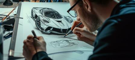 AI generated man drawing with pencils in his face sketching a car photo