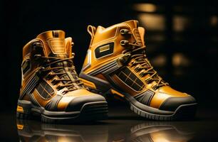 AI generated golden work boots with reflective linings and ankle support photo