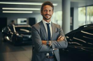 ai generado contento coche comerciante en pie en un sala de exposición foto