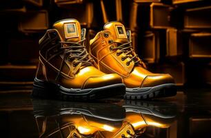 AI generated golden work boots with reflective linings and ankle support photo