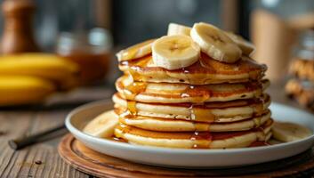 AI generated pancakes on a plate topped with bananas photo