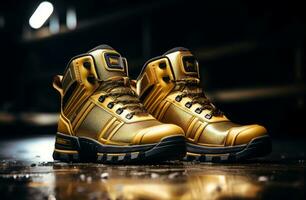 AI generated golden work boots with reflective linings and ankle support photo