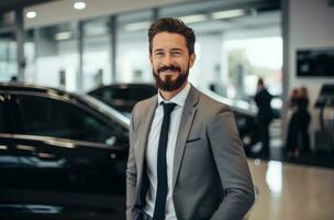 ai generado contento coche comerciante en pie en un sala de exposición foto