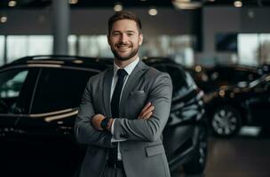 ai generado contento coche comerciante en pie en un sala de exposición foto