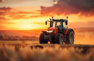 ai generado un naranja tractor es conducción mediante un campo a puesta de sol foto