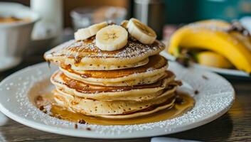 AI generated pancakes and bananas on plate photo