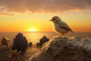AI generated cute tiny bird standing on the rock at the end of sunset bird photo