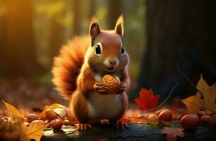 AI generated red squirrel holding an apple eating autumn leaves photo