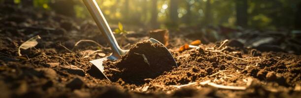 AI generated an antique digging shovel is hidden in the dirt photo