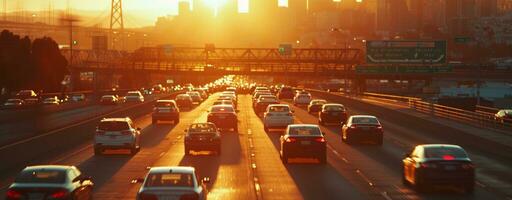 ai generado carros conducción abajo un Autopista en puesta de sol viaje experiencia foto