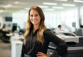 AI generated beautiful office employee in front of printer photo