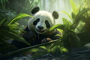 AI generated panda bear eating bamboo plants photo