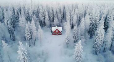 ai generado aéreo Disparo de un pequeño casa en un invierno bosque con nieve foto