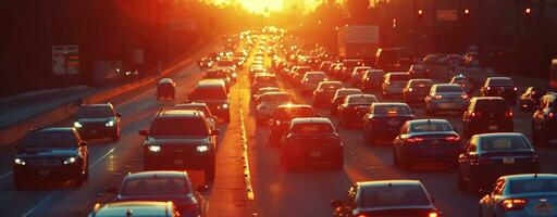 ai generado lento movimiento de coche tráfico conducción en un autopista en un ciudad a puesta de sol coche mermelada foto