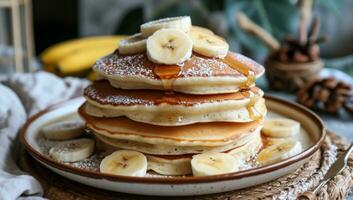 AI generated pancakes on a plate topped with bananas photo