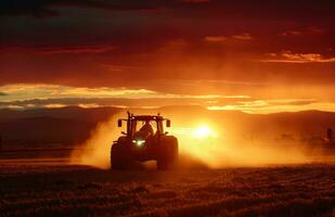 ai generado un tractor es conducción en el campo a puesta de sol foto