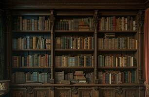 AI generated an example of the shelf above and below bookcases in an old library photo