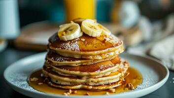 AI generated pancakes on a plate topped with bananas photo