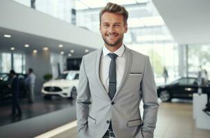 AI generated smiling sales businessman in showroom photo