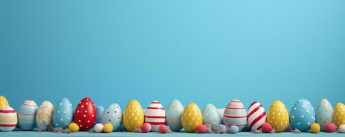 AI generated painted easter eggs on wood or blue background photo