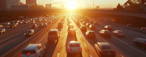 ai generado carros conducción abajo un Autopista en puesta de sol viaje experiencia foto