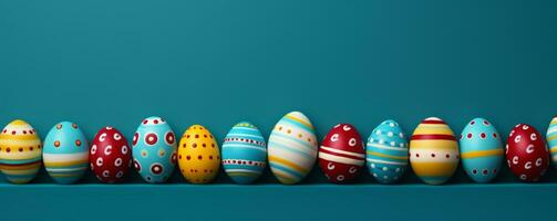 AI generated painted easter eggs on wood or blue background photo