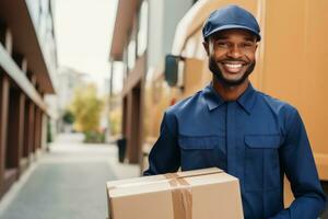 AI generated delivery person holding box holding up sign photo