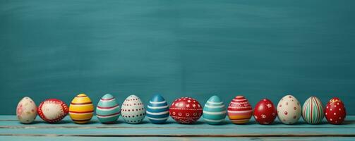 AI generated painted easter eggs on wood or blue background photo