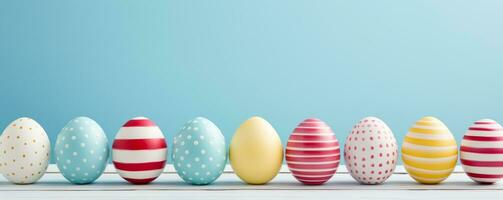 AI generated colorful easter eggs lined up on a wooden table photo