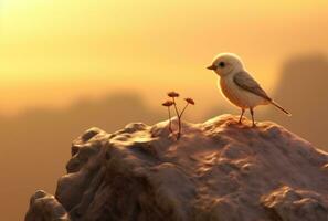 AI generated cute tiny bird standing on the rock at the end of sunset bird photo