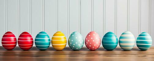 AI generated colorful easter eggs lined up on a wooden table photo