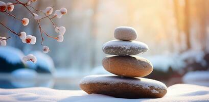 AI generated stack pile of rocks in winter photo