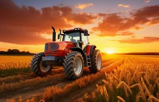 ai generado un naranja tractor es conducción mediante un campo a puesta de sol foto