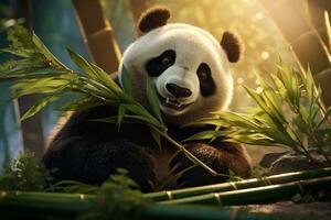 AI generated the panda grabs branches from the bamboo shoots photo