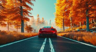 AI generated red sport car on the road with the trees around photo