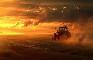 ai generado un tractor es conducción en el campo a puesta de sol foto