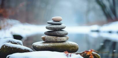 AI generated stack pile of rocks in winter photo