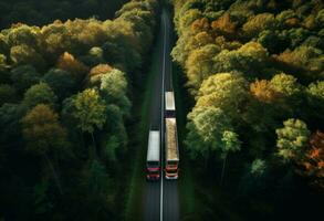 AI generated some trucks pass through a forest, photo