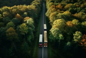 AI generated some trucks pass through a forest, photo