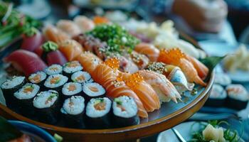 AI generated sushi platter full of various kinds of food photo