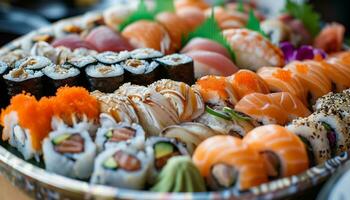 ai generado Sushi plato lleno de varios tipos de comida foto