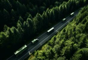 AI generated some trucks pass through a forest, photo