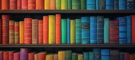 AI generated library with many colorful books in front of bookshelves photo