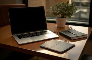 AI generated laptop and laptop display on table with paper photo