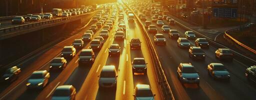 ai generado lento movimiento de coche tráfico conducción en un autopista en un ciudad a puesta de sol coche mermelada foto