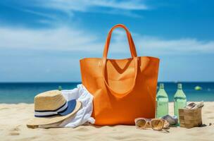 AI generated beach bag with flip flops and other beach accessories photo